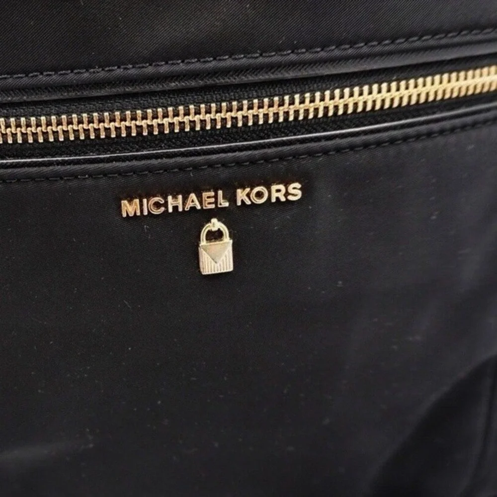 Michael Kors Black Nylon Backpack Gold Hardware Front Zip Pocket Padlock‎ Charm